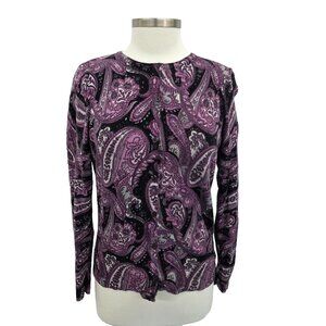 Croft & Barrow Paisley Cardigan Sweater Purple Black Long Sleeve Cotton Size S